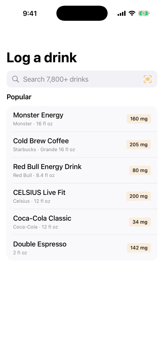 Caff Conscious drink logging screen with search, barcode scanning, and a list of common drinks and caffeine amounts