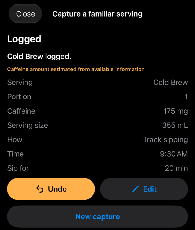Caff Conscious confirmation that a Cold Brew was logged at 9:30 AM, with Undo and Edit buttons